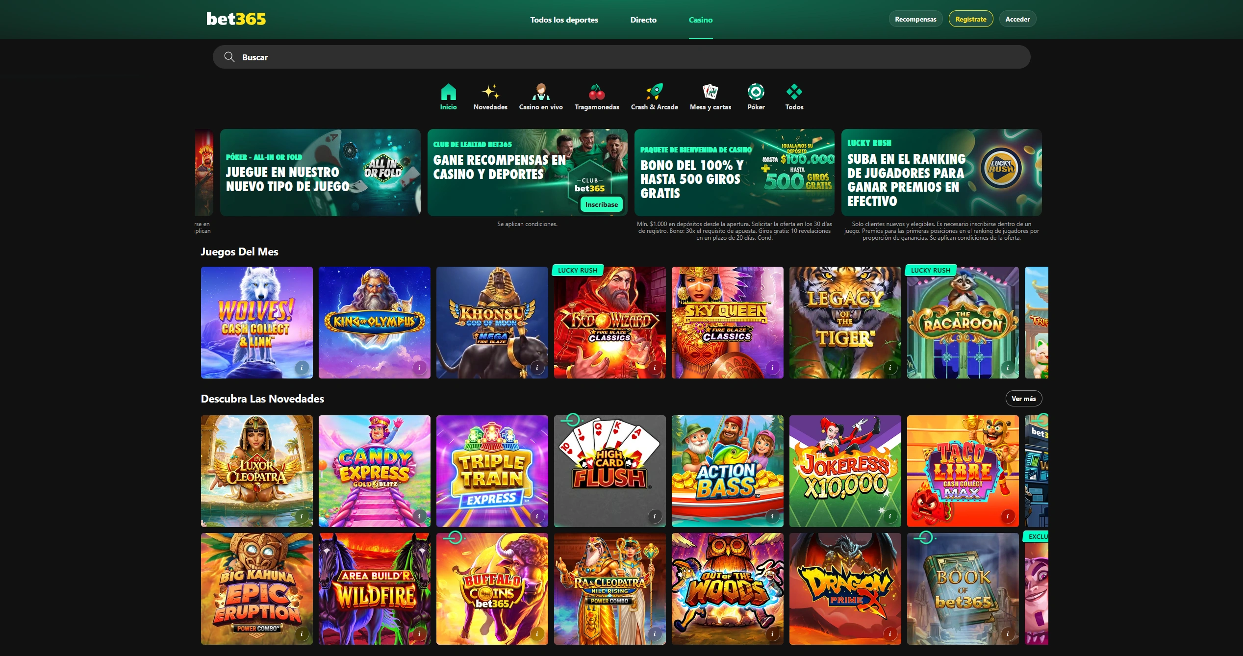 Juegos disponibles: tragamonedas, mesas y casino en vivo